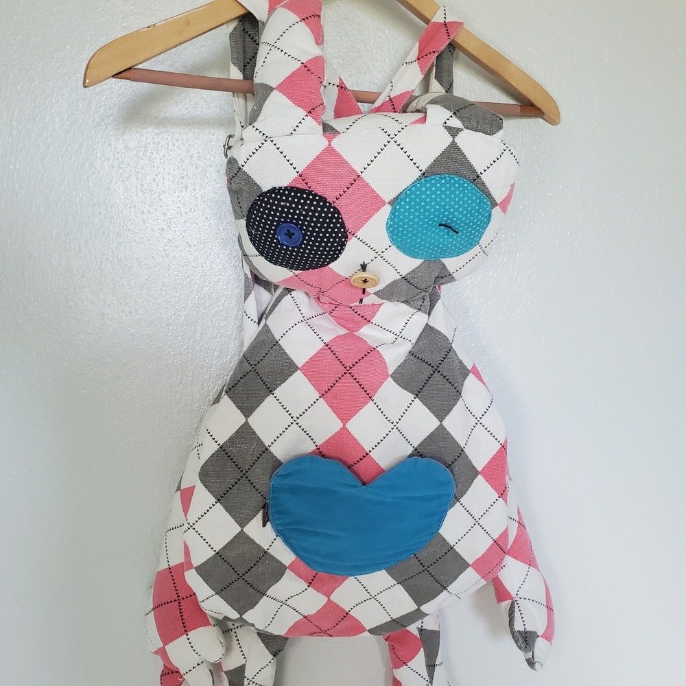 Handmade Patchwork Rabbit Backpack Plush Toy Unique Design Zipper Closure - Picture 2 of 8